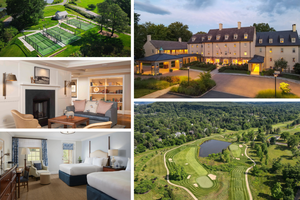 Collage showing padel court aerial, a traditionally furnished lobby and hotel room, the front of three story resort, and an aerial of a green golf course