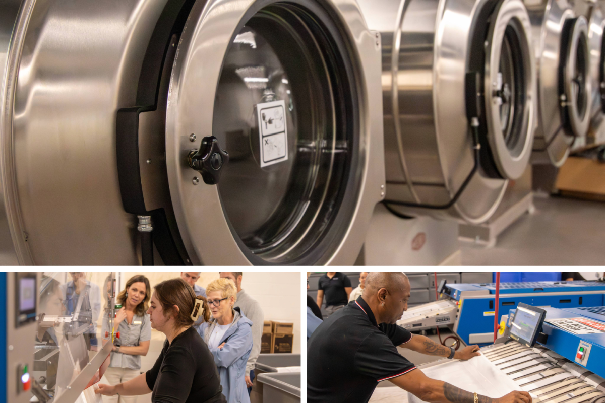 Collage of industrial laundry facility with stainless steal front-load washing machines