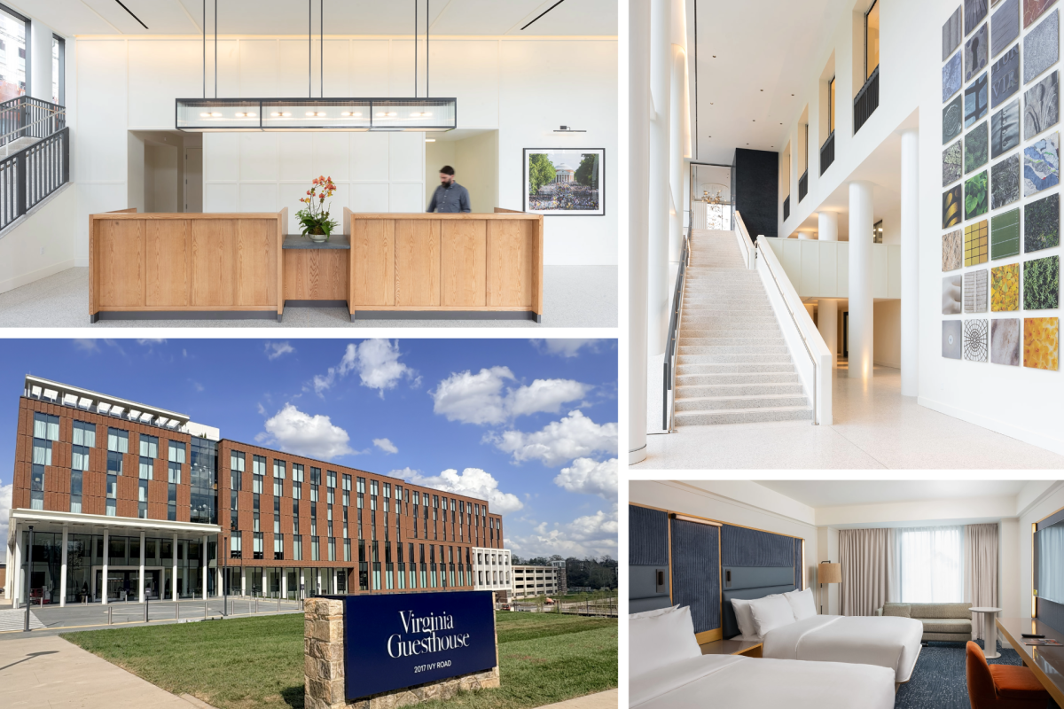 Collage featuring a white, modern hotel lobby, room decorated in muted blues and rusts, and a modern brick and glass building