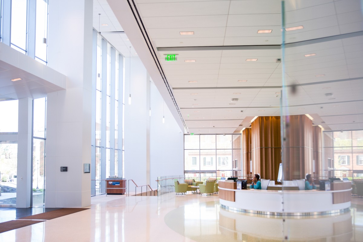 Interior of a brightly lit hospital lobby