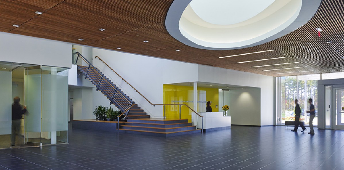 Modern, bright building lobby
